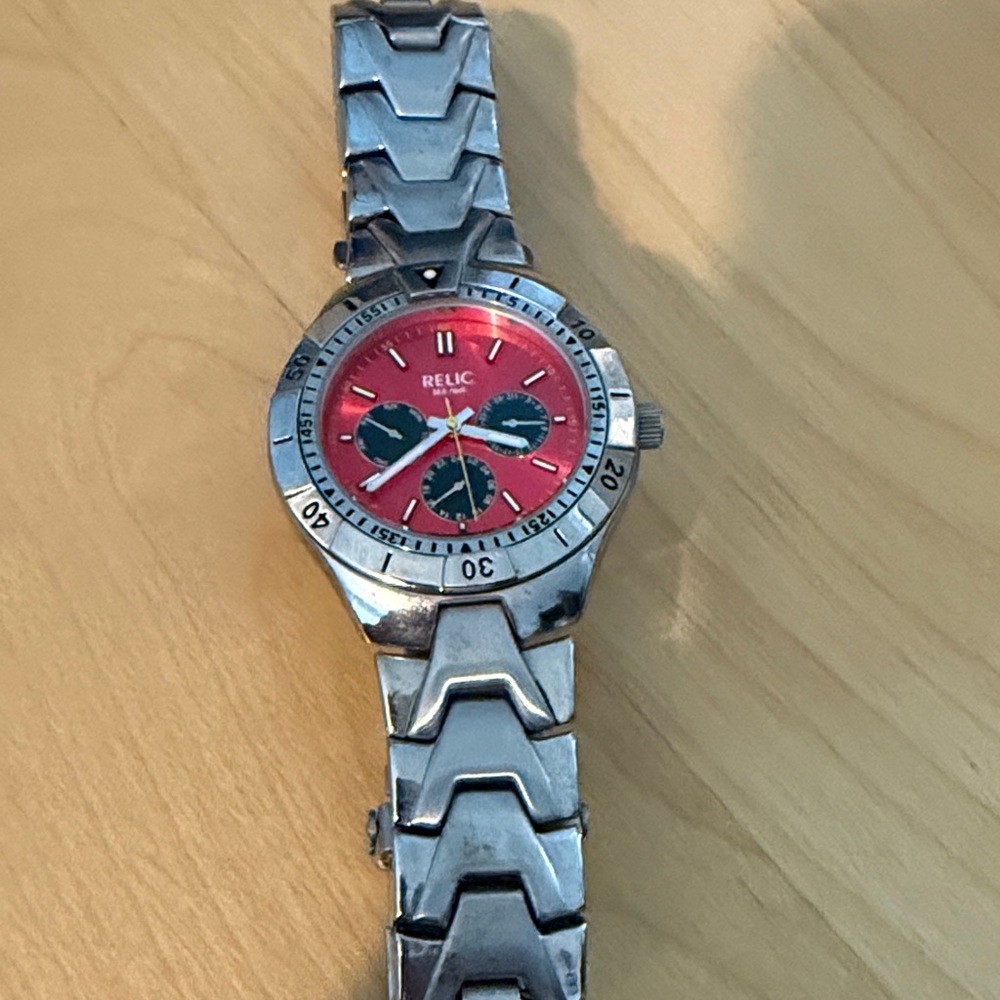 Relic Men's Watch with Red Dial and Silver Band